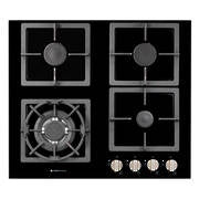 600mm Hob, 3 Burner + Wok, Gas, Black Glass